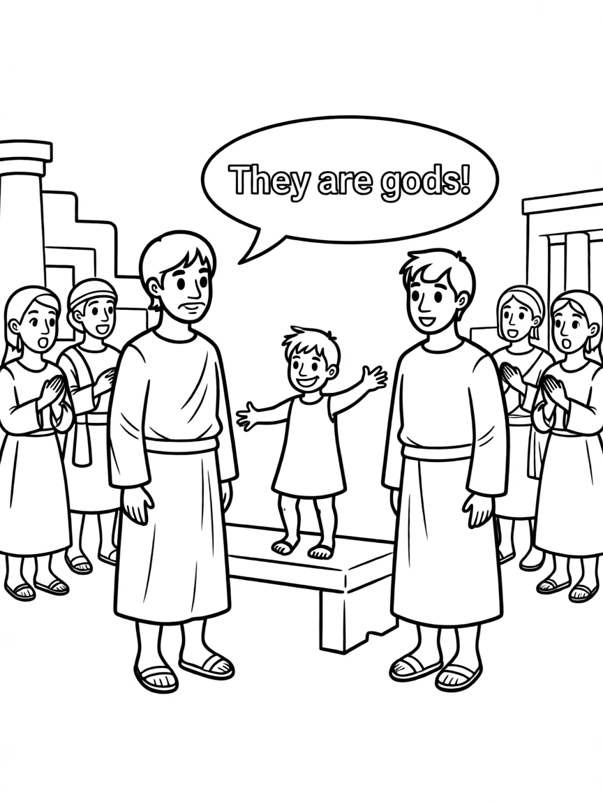 Paul and Barnabas healing a lame man in Lystra, with people thinking they are gods.