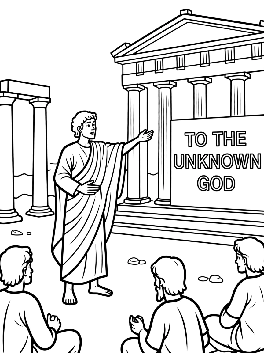 Paul preaching in Athens, pointing to the altar to "an unknown god."