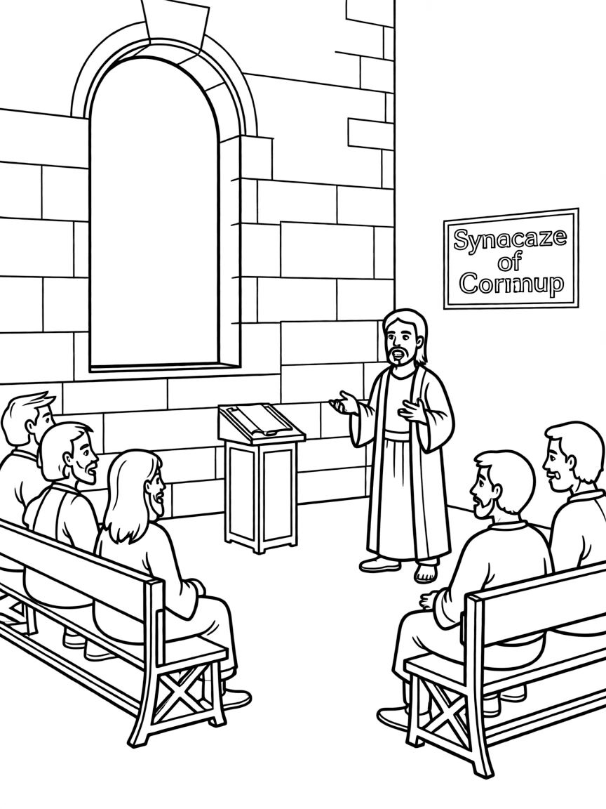Paul reasoning in the synagogue in Corinth, persuading Jews and Greeks.