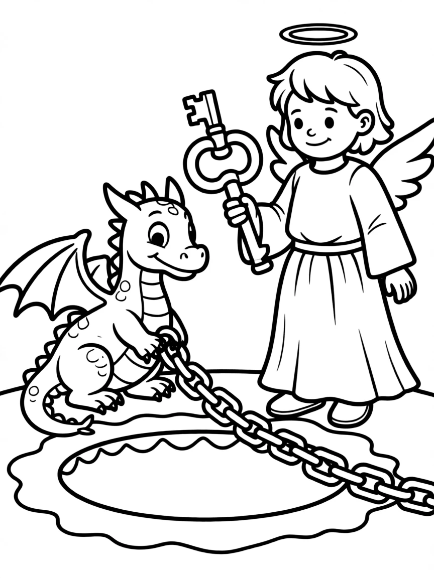 The angel with the key to the bottomless pit, chaining the dragon.