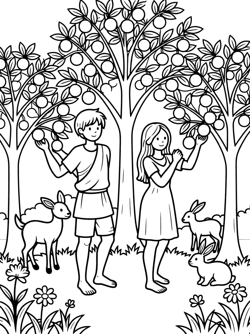 Adam and Eve in the Garden of Eden, picking fruit from trees.