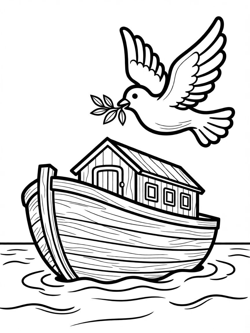 Noah's ark floating on the water, with a dove returning.