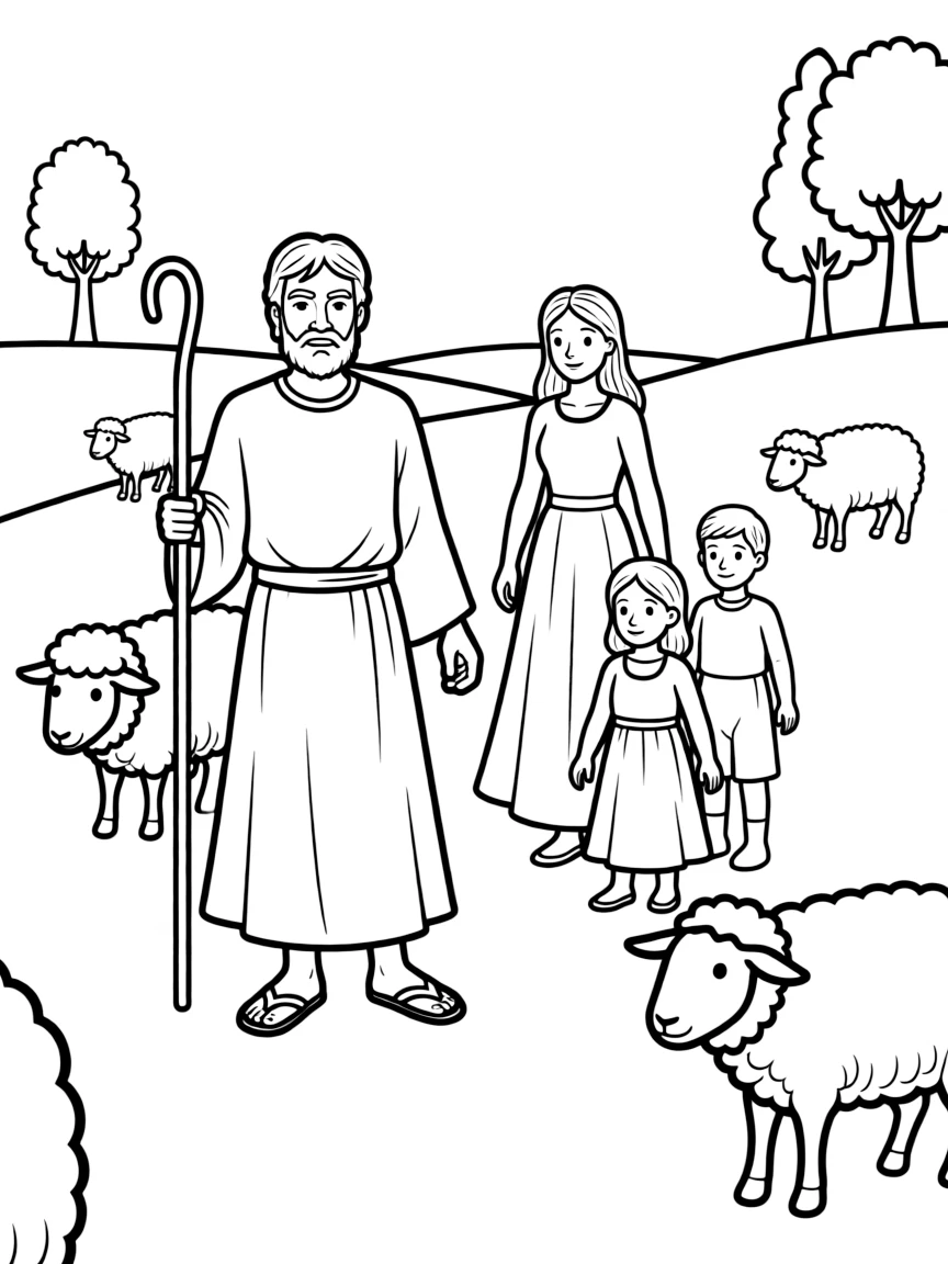 Abraham journeying with his family and flocks of sheep.