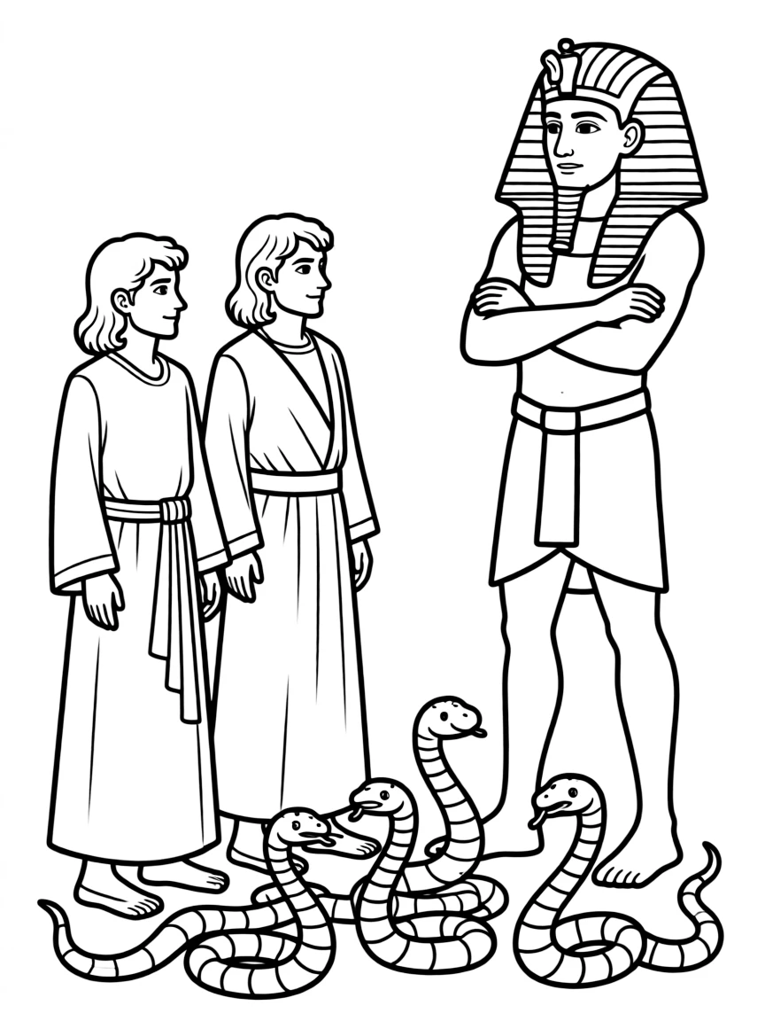 Moses and Aaron facing Pharaoh, with the magicians' snakes.