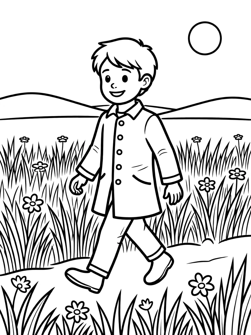 Joseph in his colorful coat, walking through fields.
