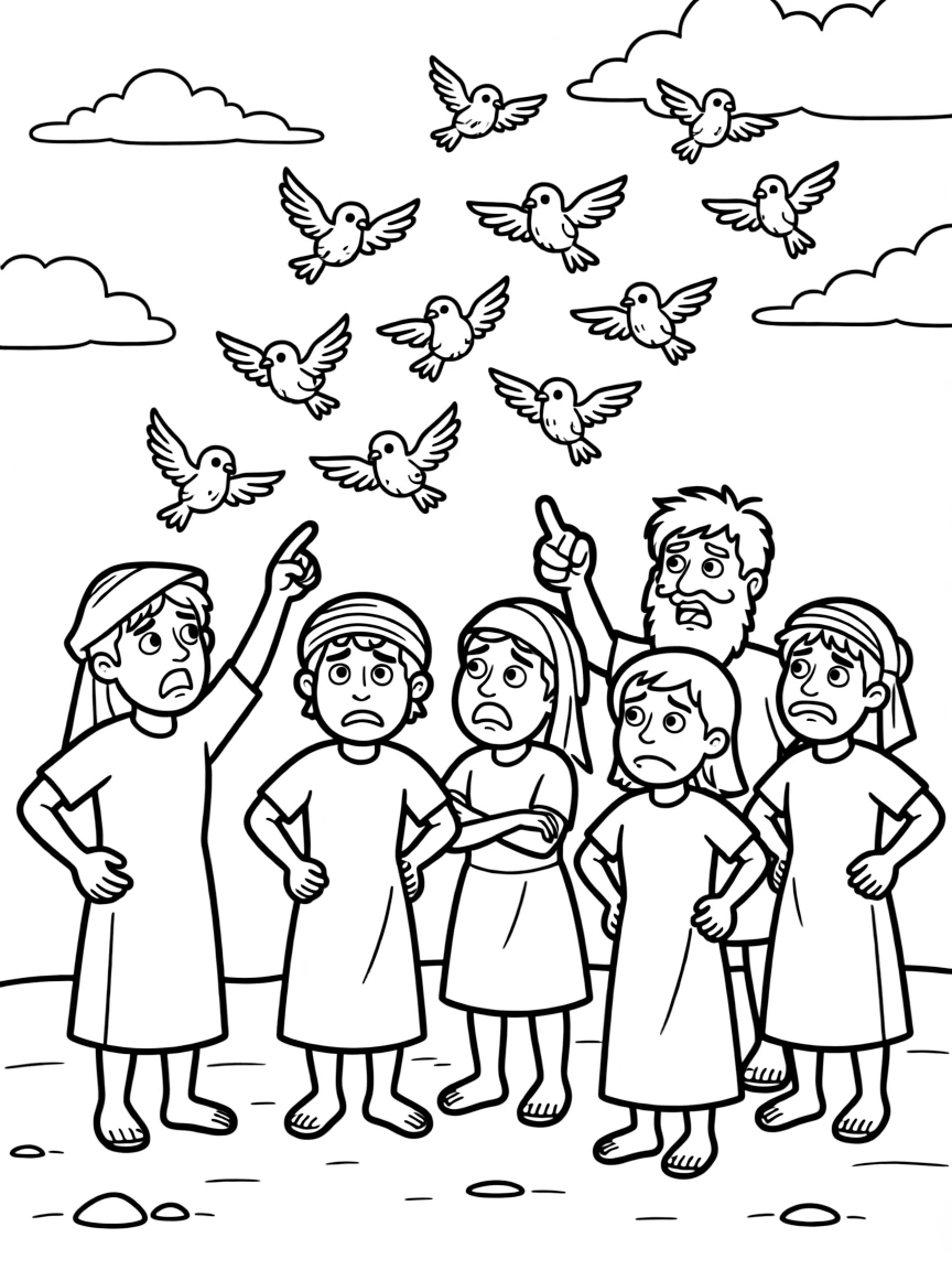 The Israelites grumbling for meat, and quails falling from the sky.