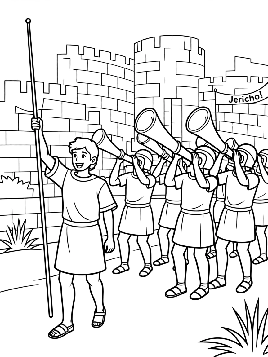 Joshua leading the charge at Jericho, with trumpets blowing.