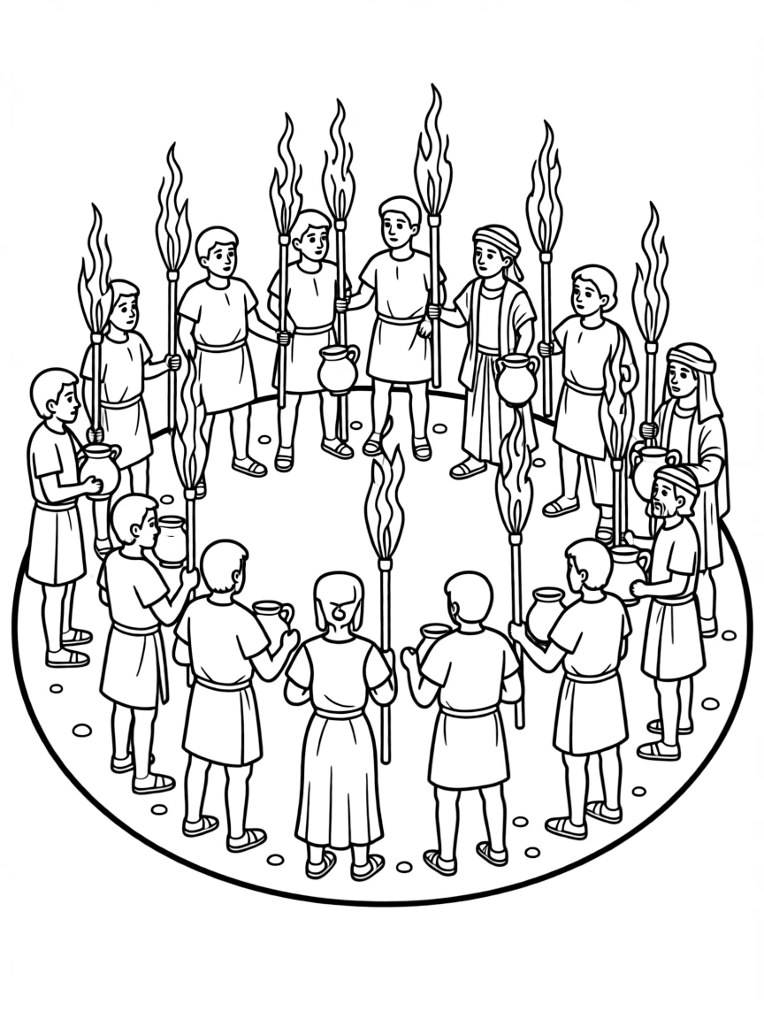 Gideon's army surrounding the Midianites, with torches and pitchers.