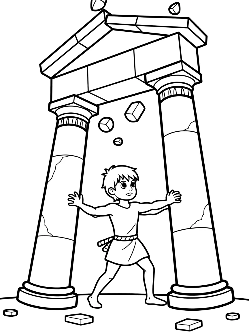 Samson pushing apart the pillars of a temple, with the roof falling.
