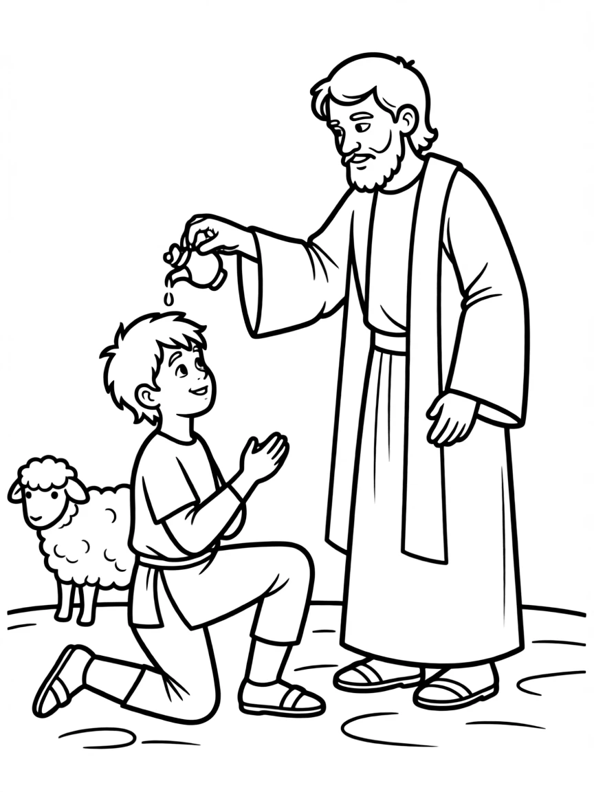 Samuel anointing David, with David kneeling.