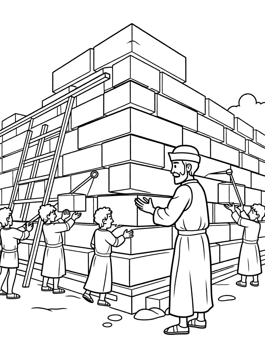 King Solomon building the temple, with workers carefully placing stones.