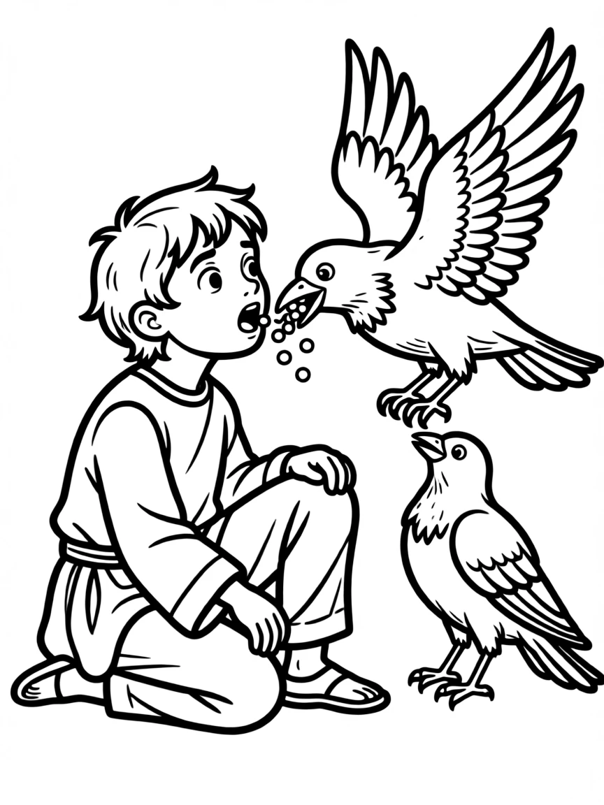 Elijah being fed by ravens, with a full beak and a hungry Elijah.