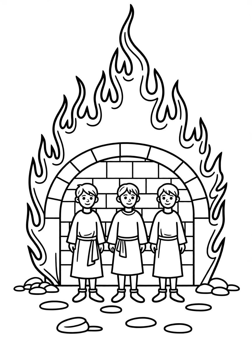 Shadrach, Meshach, and Abednego in the fiery furnace, unharmed.