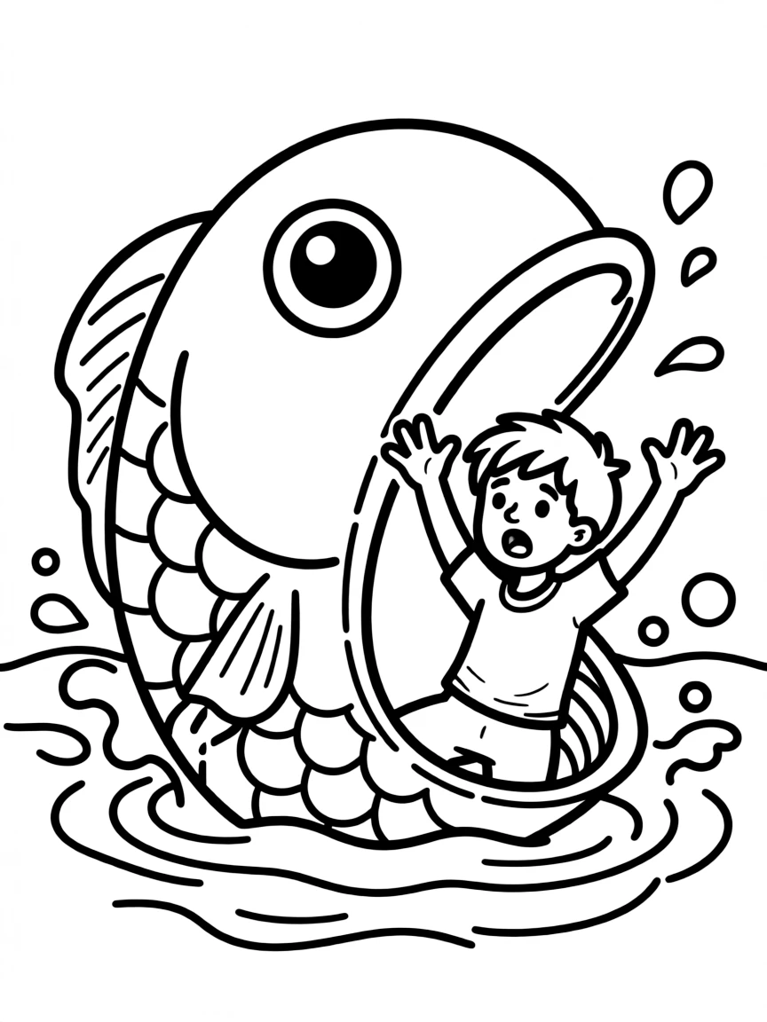 Jonah being swallowed by a giant fish, with his hands in the air.