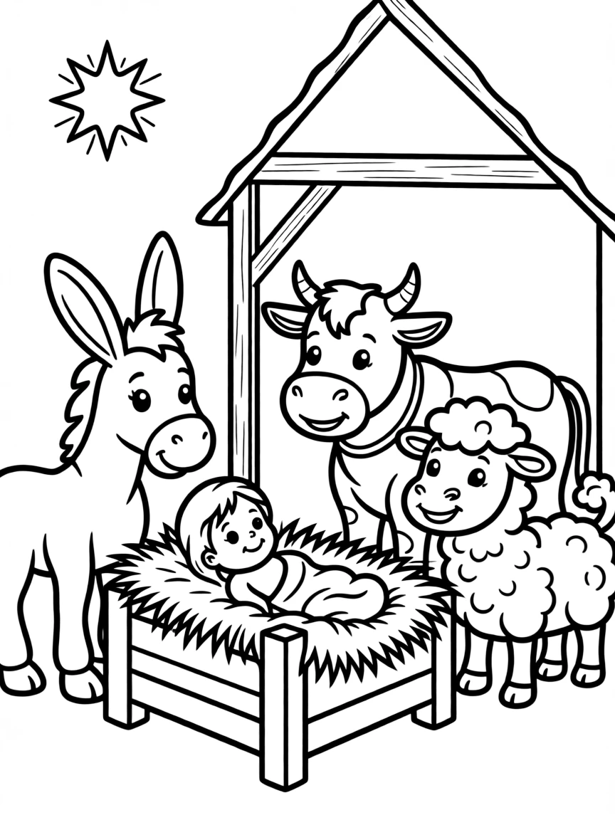 Baby Jesus in the manger, with animals looking on kindly.