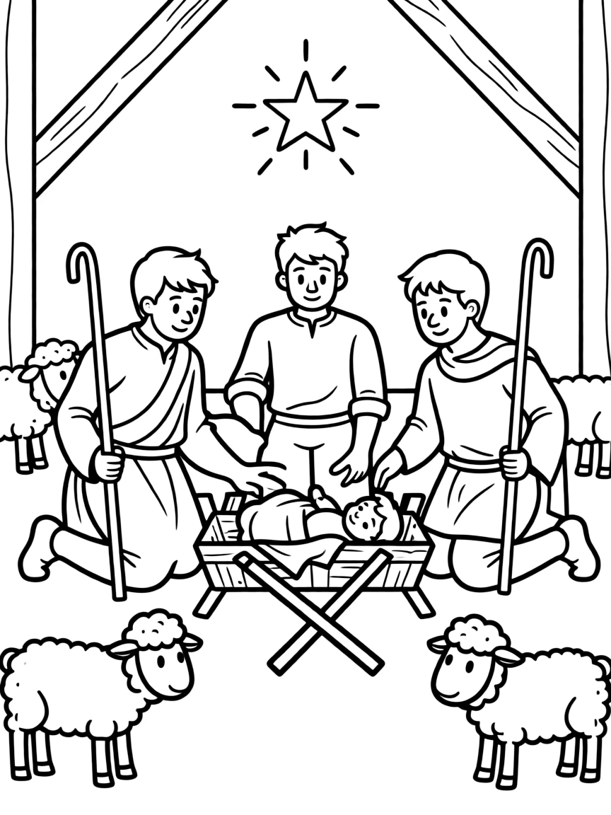 Shepherds visiting baby Jesus, kneeling in awe.