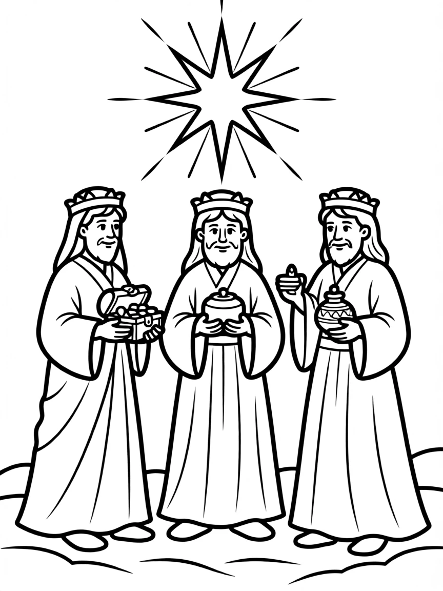 The wise men offering their gifts, with a star shining above.