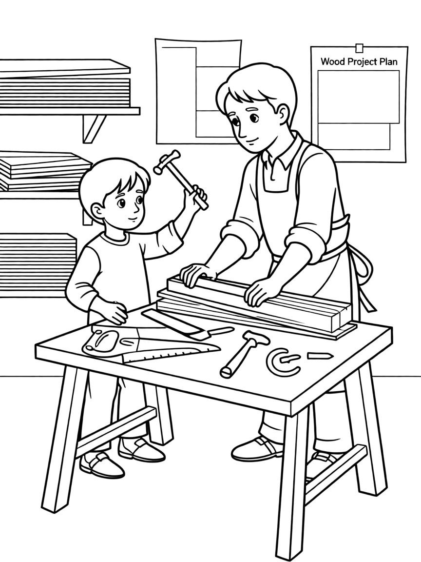 Young Jesus helping Joseph in the carpentry shop.