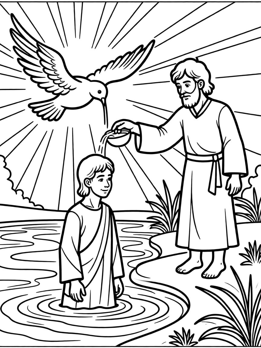 Jesus being baptized, with a dove descending and light from heaven.
