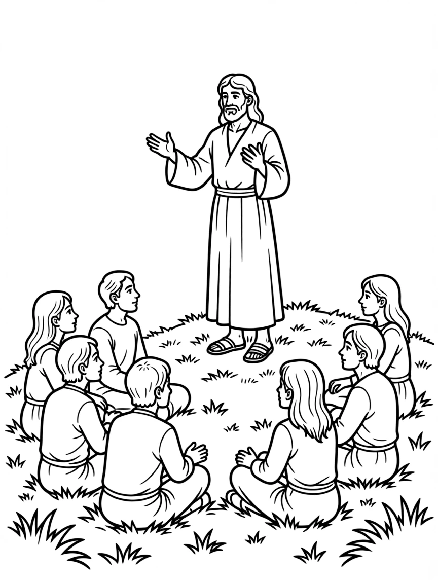 Jesus teaching the Sermon on the Mount, with people sitting on the grass.