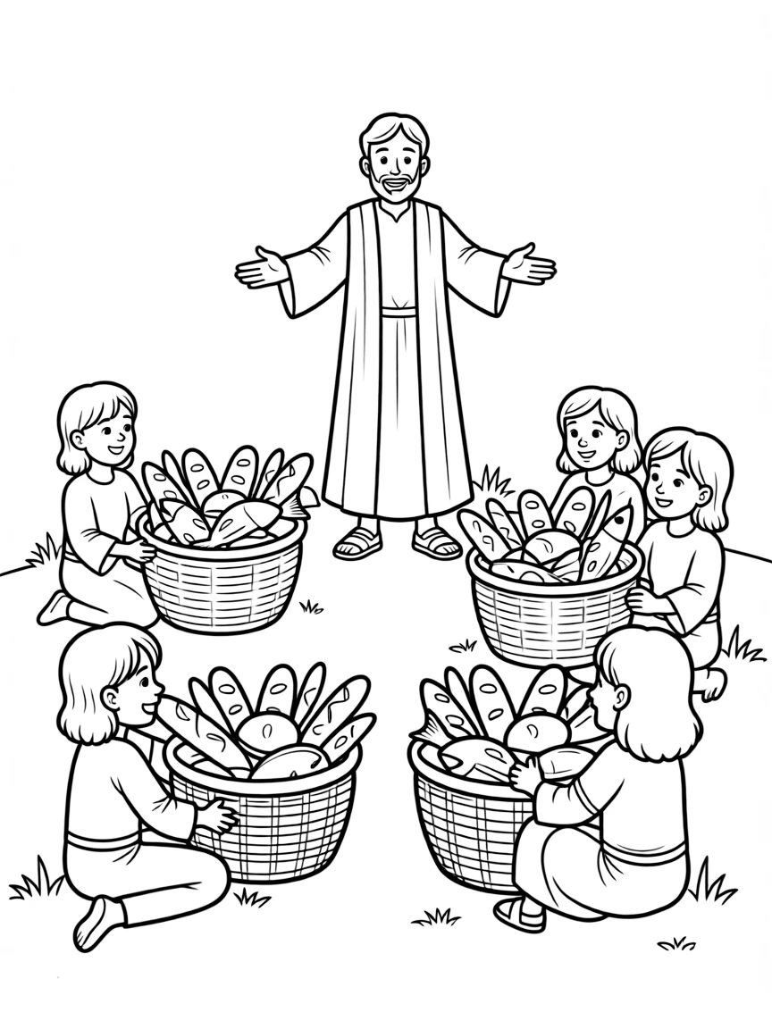 Jesus feeding the five thousand, with baskets overflowing.