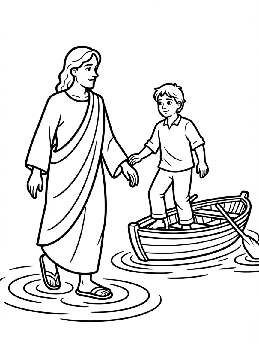 Jesus walking on water, with Peter getting out of the boat.