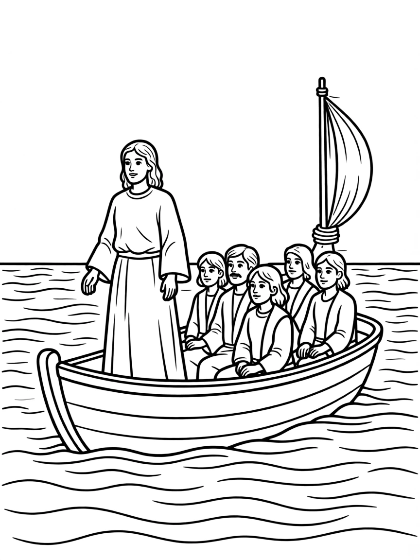 Jesus calming the storm, with a calm sea and quiet disciples.