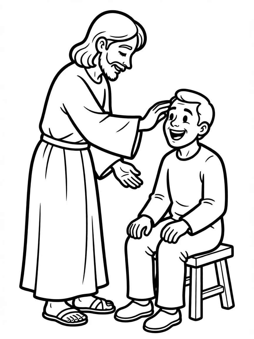 Jesus healing a blind man, with his eyes opening and smiling.