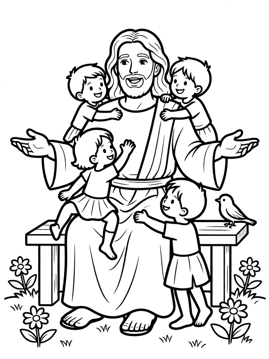 Jesus welcoming children, with them climbing on his lap.