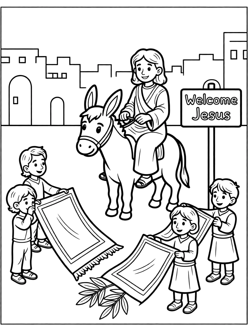 Jesus riding into Jerusalem on a donkey, with people laying cloaks down.