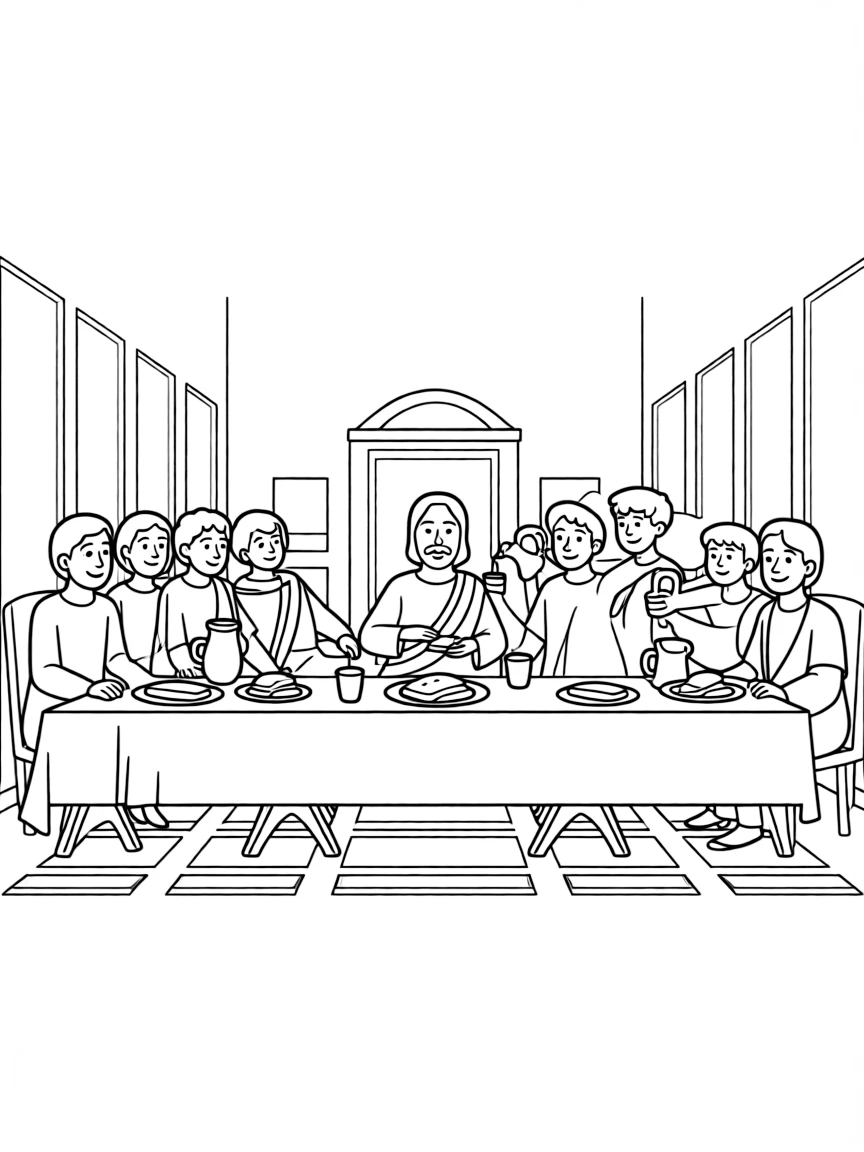 The Last Supper, with Jesus breaking bread and pouring wine.