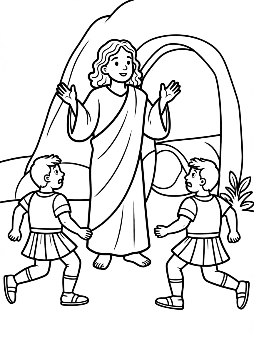Jesus rising from the dead, with guards fleeing in fear.