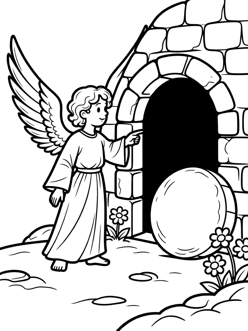 An angel on the empty tomb, pointing to where Jesus was.