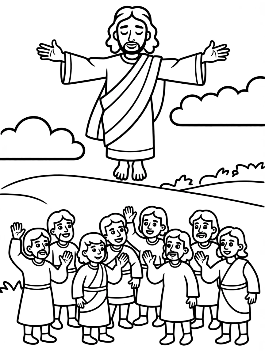 Jesus ascending into heaven, with disciples waving goodbye.