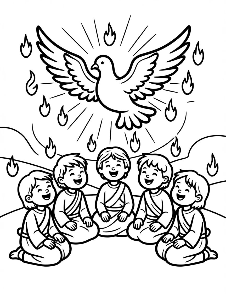 The Holy Spirit coming at Pentecost, with flames and joy.