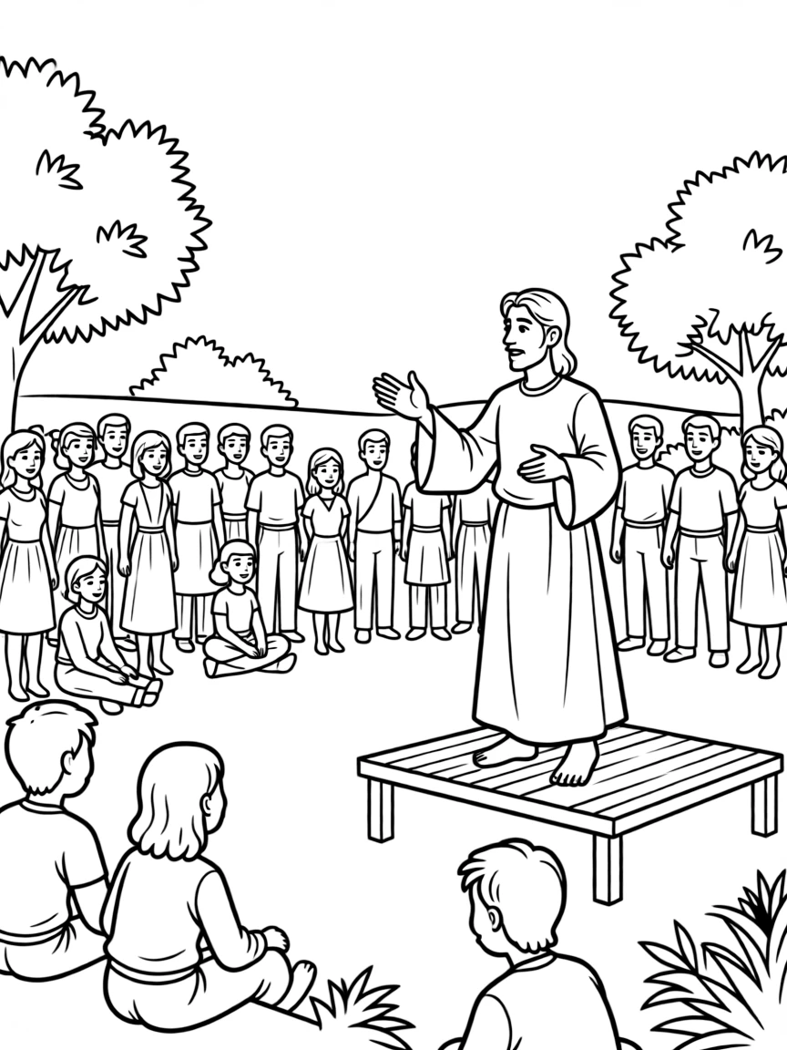 Peter preaching, with a crowd of diverse people listening.