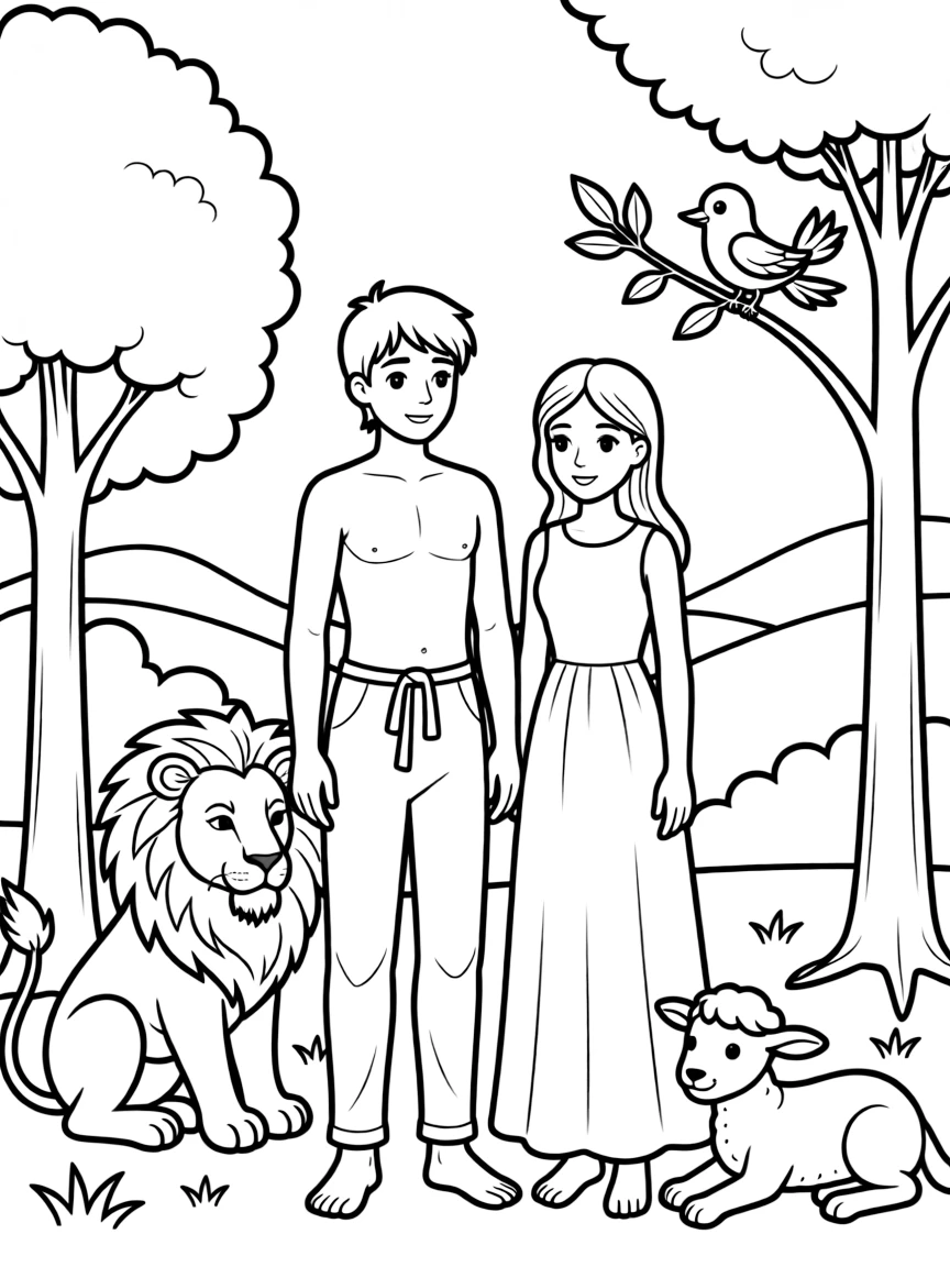 Adam and Eve with friendly animals, a lion, a lamb, and a bird.