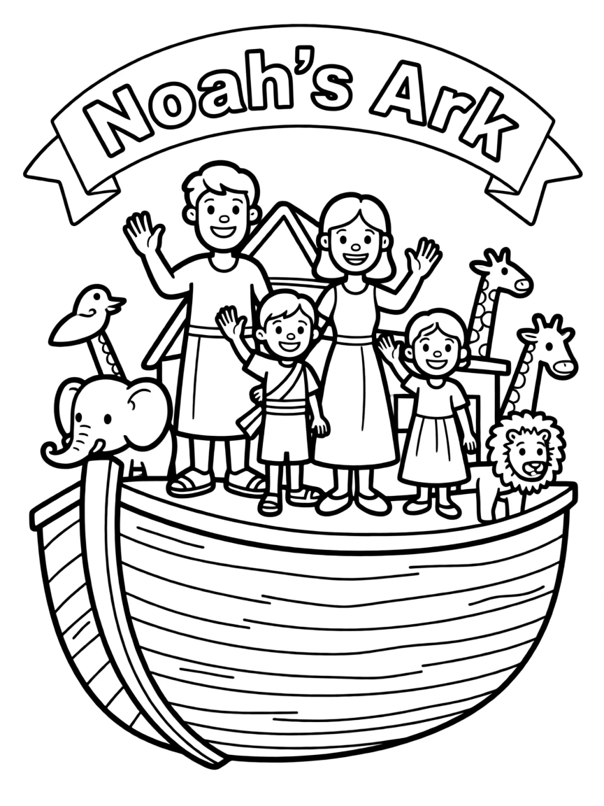 Noah's family, smiling and waving from the ark.