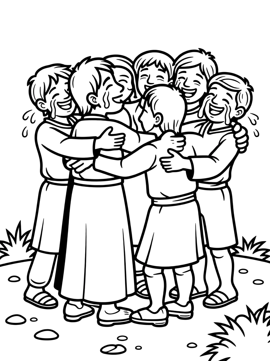 Joseph and his brothers reunited, hugging and crying happy tears.