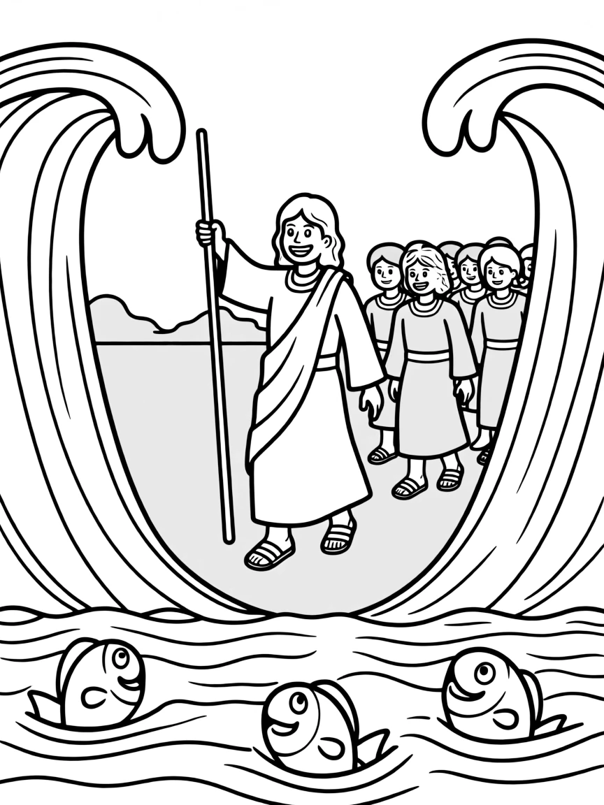Moses leading the Israelites through the Red Sea, with fish looking up.