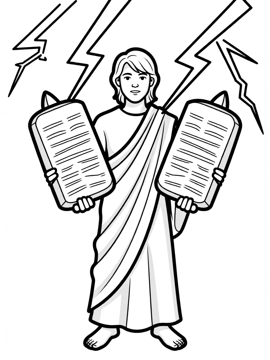 Moses holding the Ten Commandments, with lightning in the background.