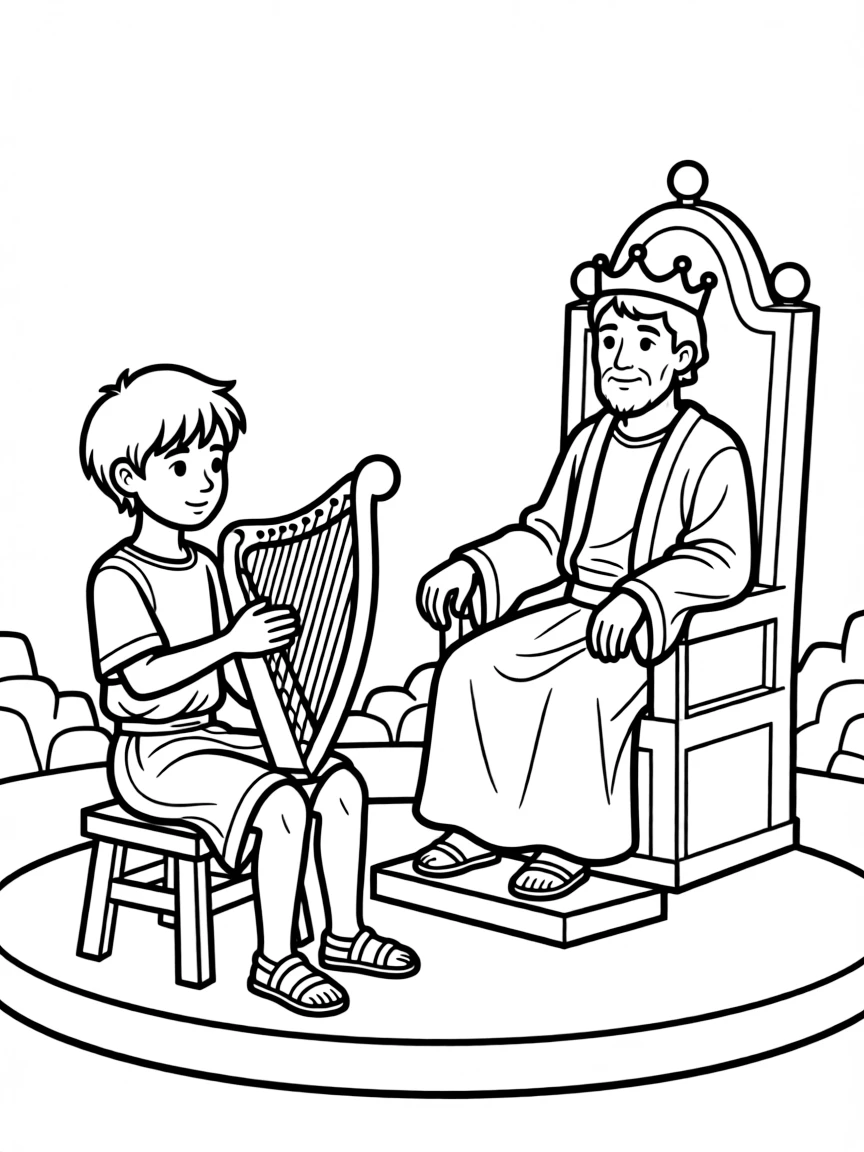 David playing his harp for King Saul, with a peaceful expression.