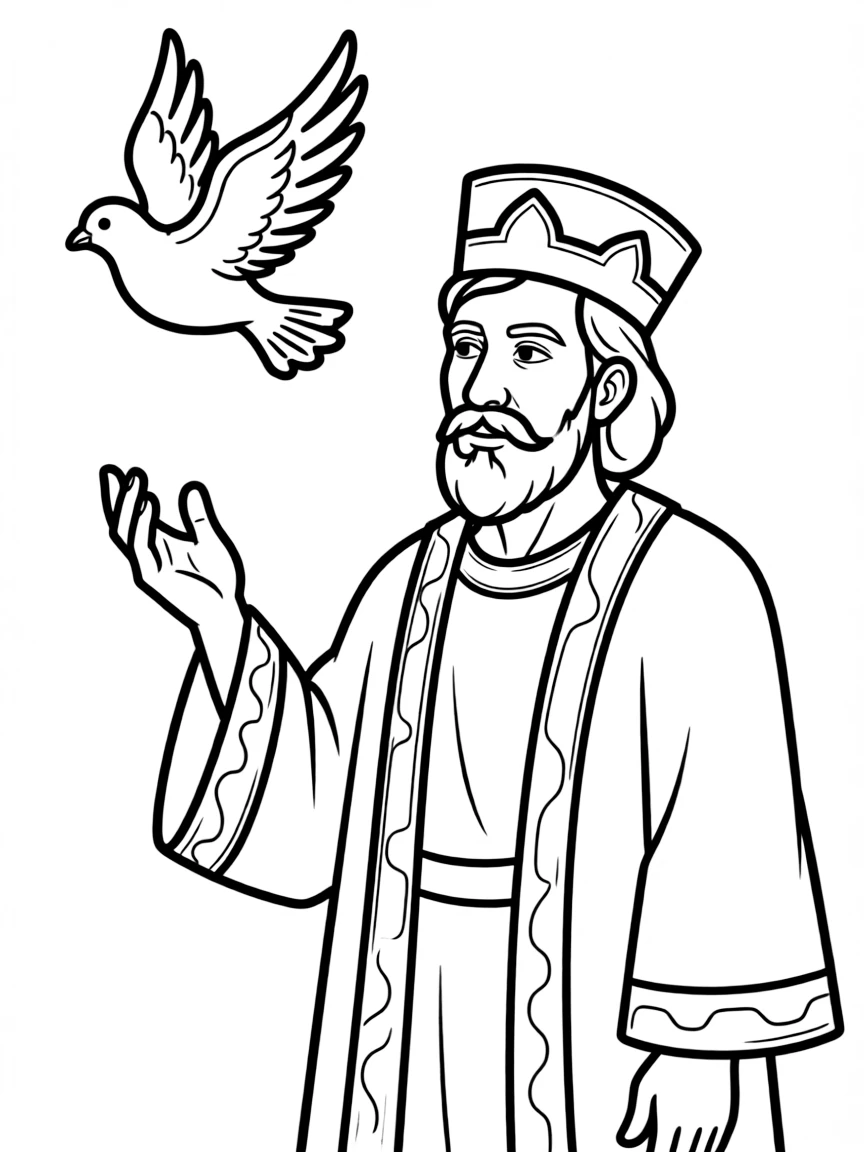 King Solomon looking wise, with a dove flying over his head.