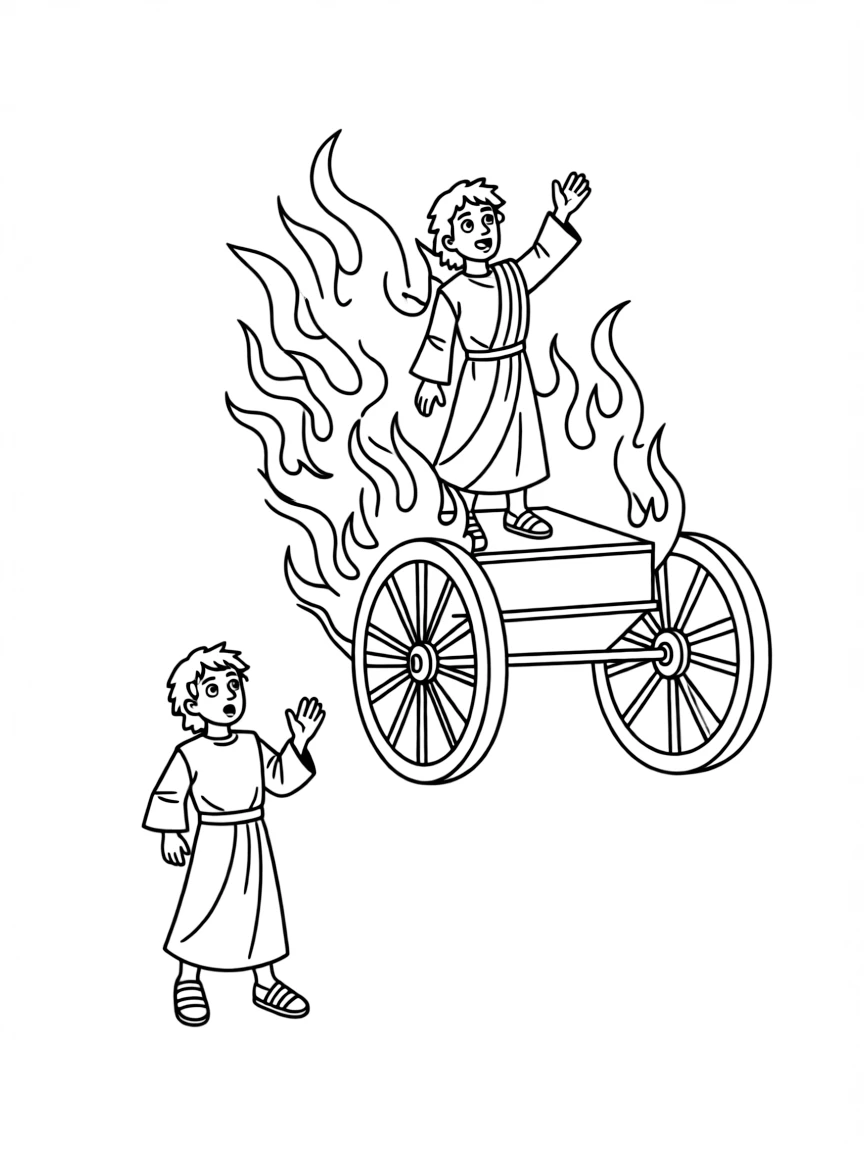 Elijah being taken up to heaven in a fiery chariot, with Elisha watching.