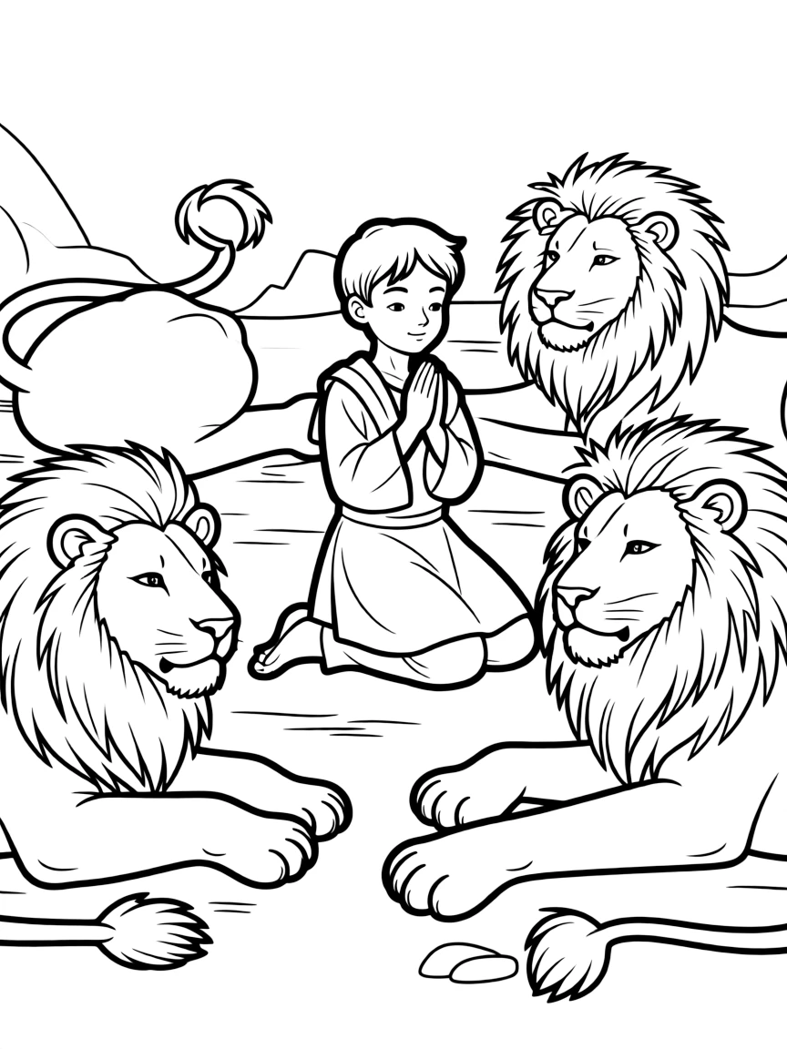 Daniel praying to God, with lions lying down around him.