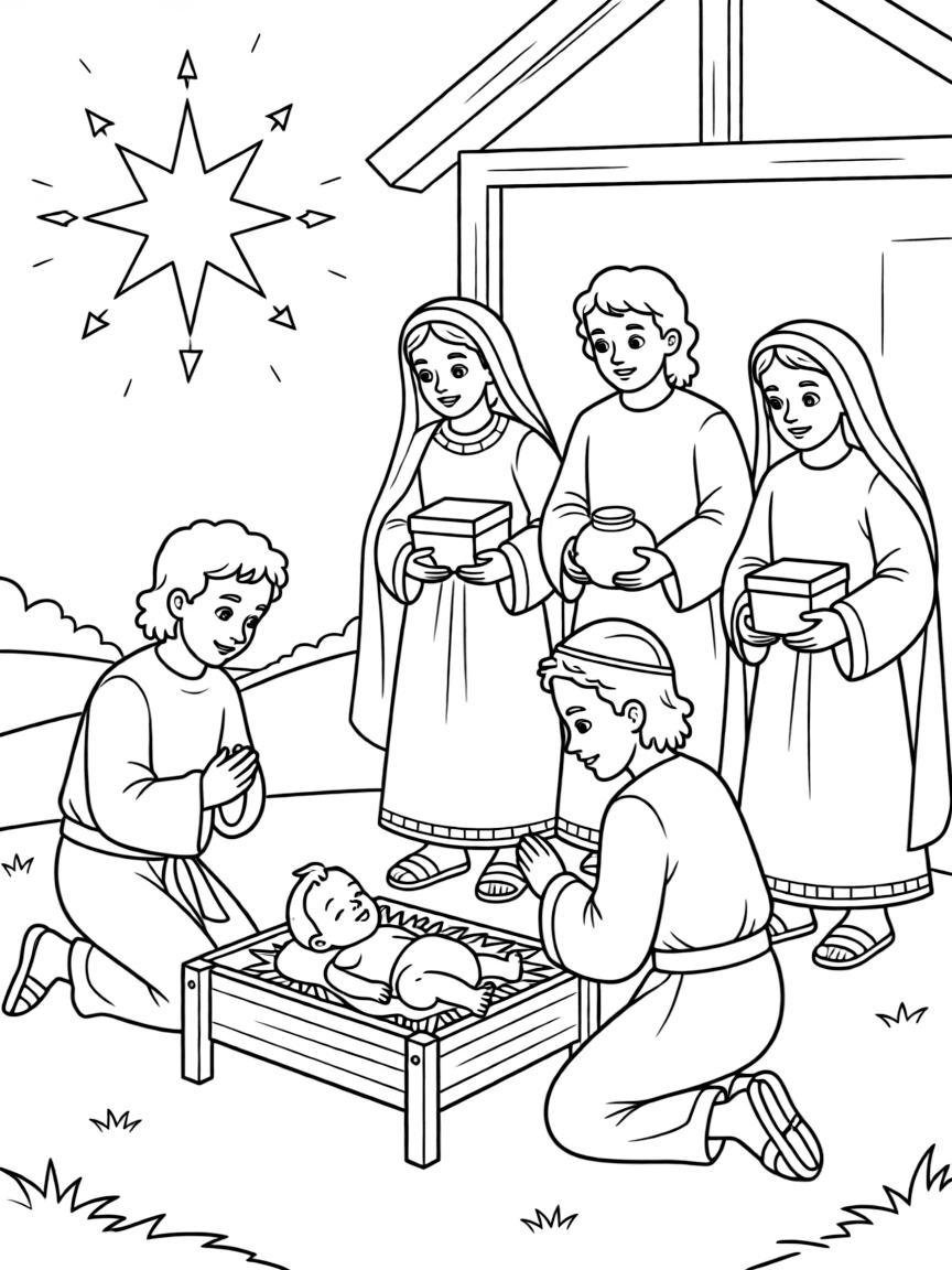 Shepherds and wise men kneeling before baby Jesus, with shining eyes.