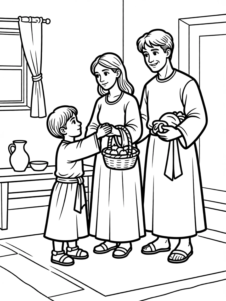 Young Jesus helping his parents, looking kind and thoughtful.