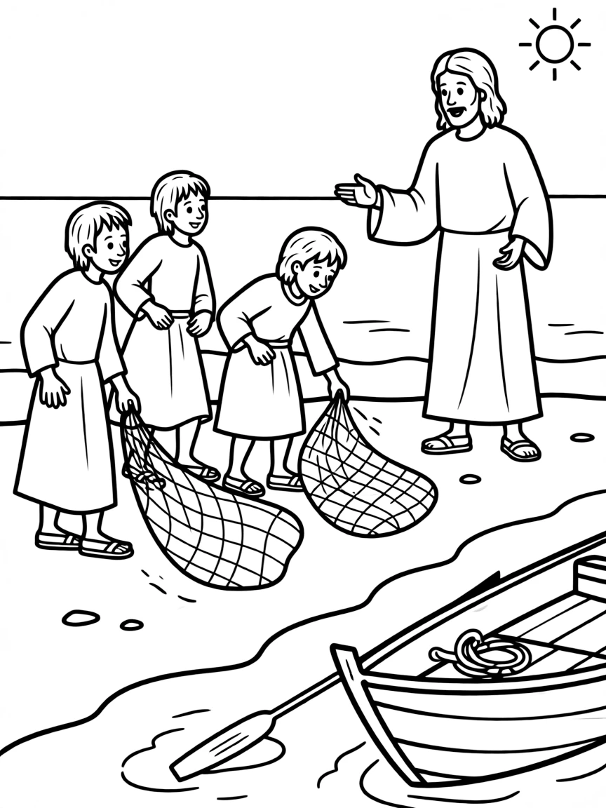 Jesus calling his disciples, with them dropping their nets.