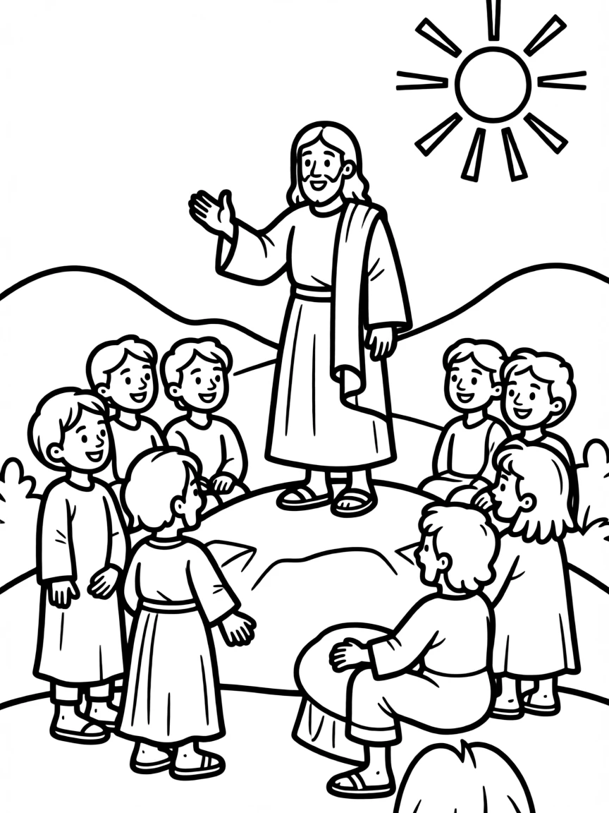 Jesus teaching the Beatitudes, with happy listeners.