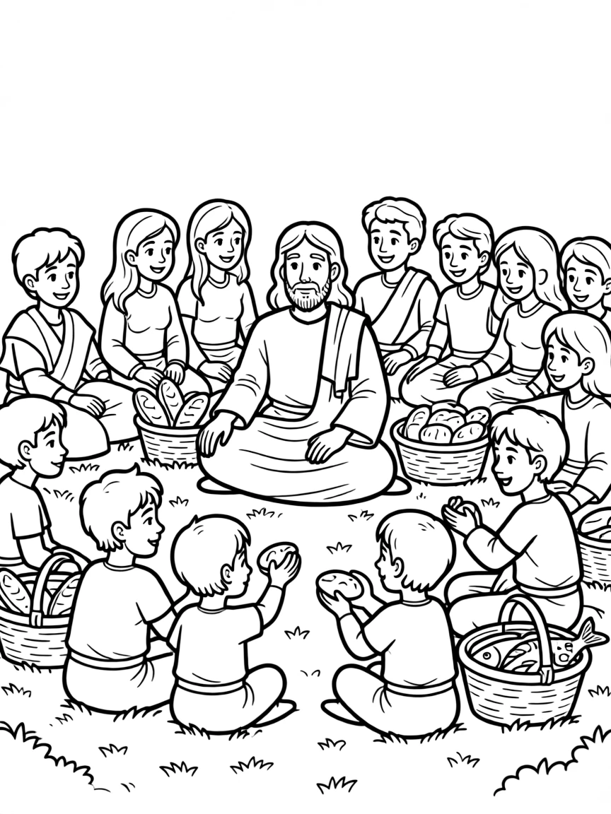 Jesus feeding the crowds, with everyone sitting on green grass.